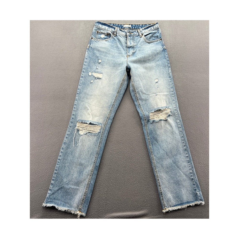 Avec Les Filles Jeans Womens 27 Distressed Straight Leg Light Wash Button Fly